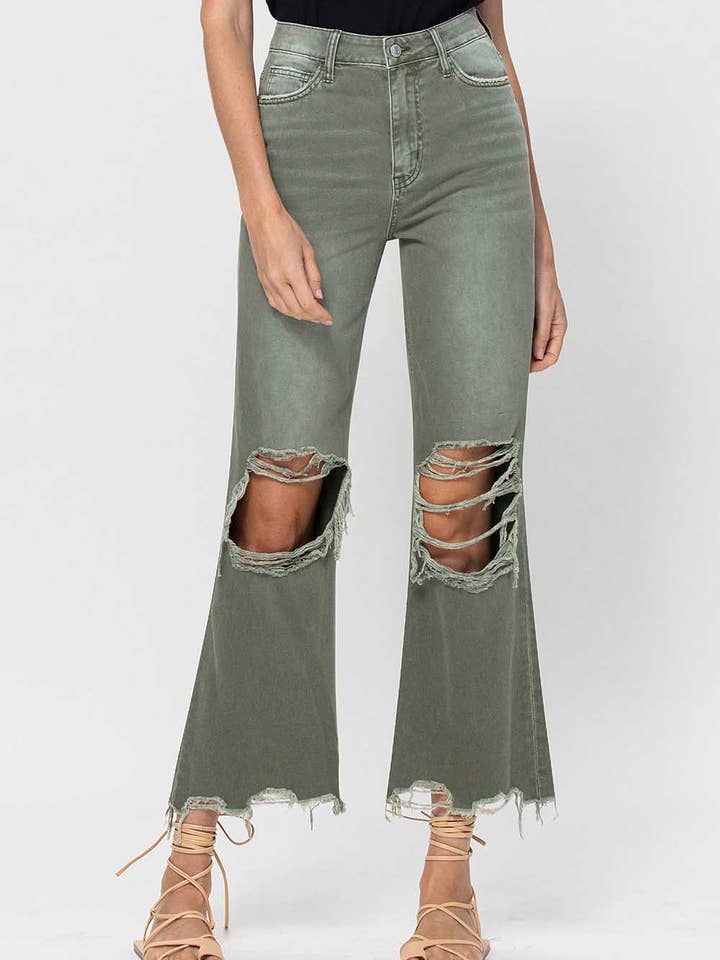 90'S VINTAGE SUPER HIGH RISE CROP FLARE JEANS V2738 for wholesale by VERVET by FLYING MONKEY