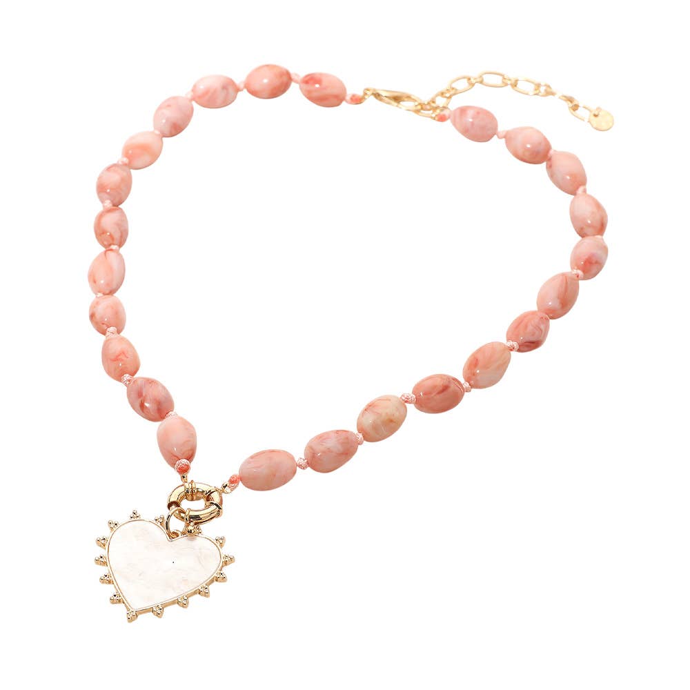 Sensibling Corp. – wholesale Pendant/charm necklace – Mother of Pearl Heart Pendant Marbled Resin Oval Beaded Necklace3