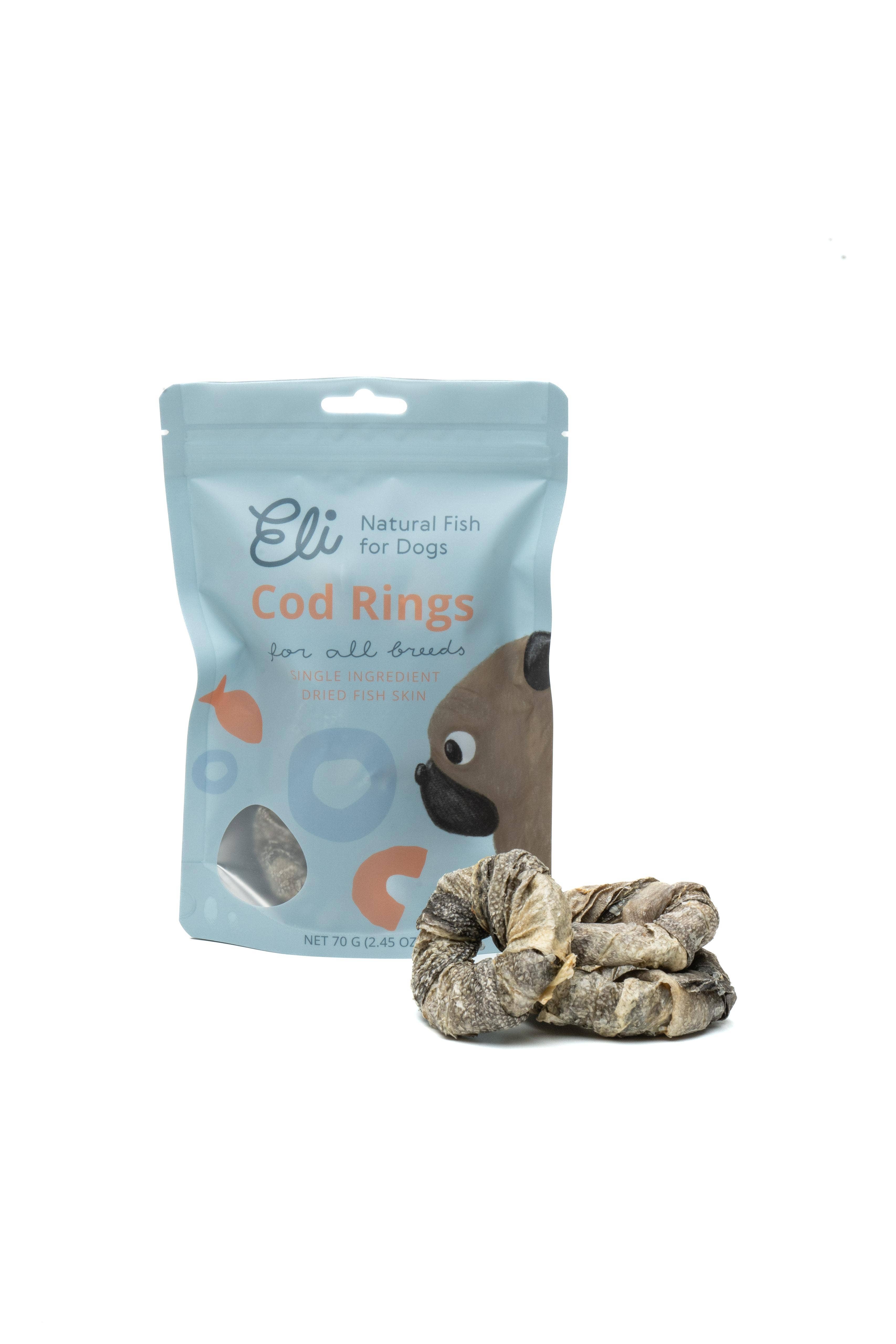 Eli Pet Products – Großhandel Leckerlis – Hund – Getrocknete Kabeljauhaut-Ringe 100 % natürliche Hundesnacks 70 g