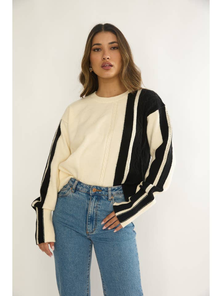 WHITE BLACK CABLE STRIPE KNIT SWEATER / DS0012H for wholesale on Faire