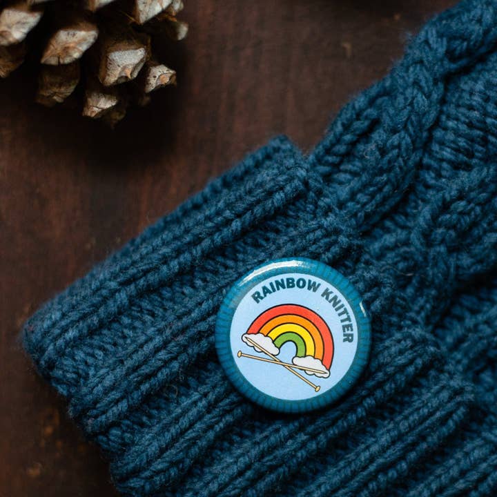 Camp Stitchwood - Wholesale Lapel Pin/Button - Rainbow Knitter Knitting Merit Badge