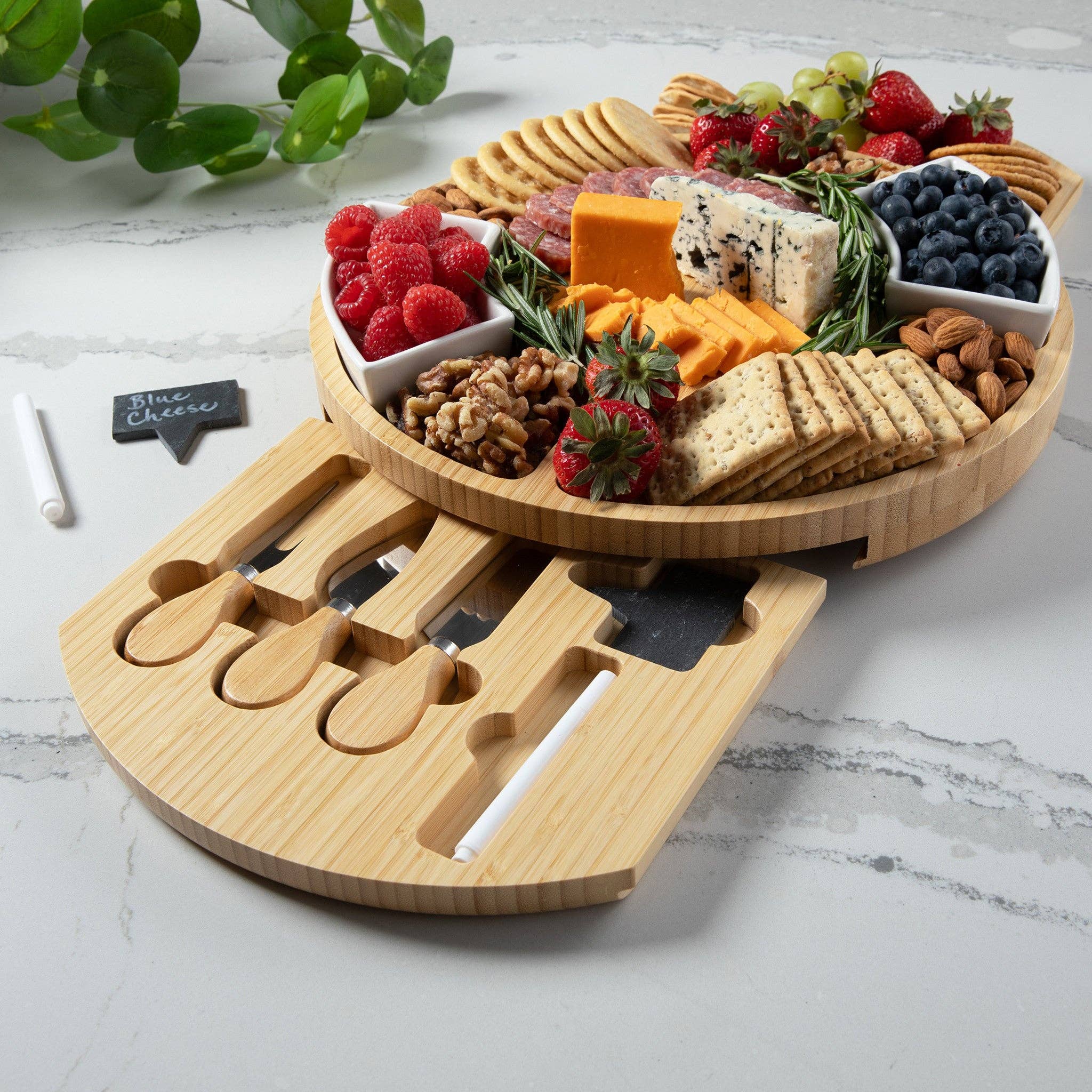 Big Wine Glasses - Wholesale Serving Tray - Two Drawer Bamboo Charcuterie Board Set1