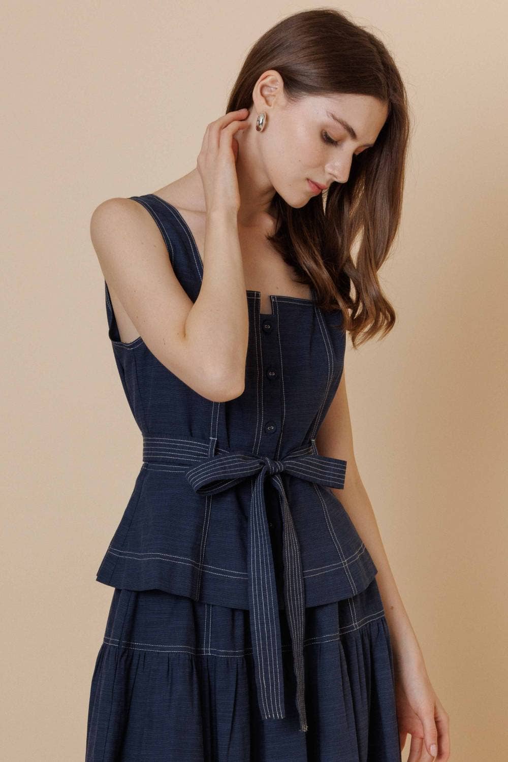 A & SHE - Wholesale T-Shirt - Women's - Square Neck Button Down Contrast Stitch Belted Top11