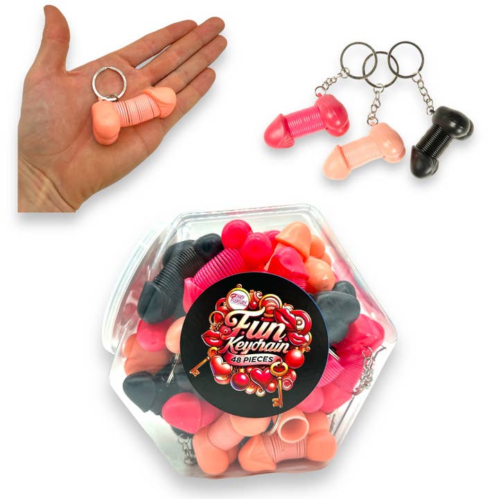 Kinky Pleasure - Wholesale Fopcadeautje/hebbedingetje - Kinky Pleasure - KP024 - Keychain Retractable Penis in Plastic Display - 48 Pieces
