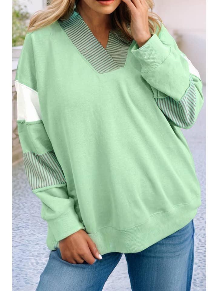 Moonlight Jade LDC Striped Patchwork Collar V Neck Plus Size Sweatshirt for wholesale on Faire0