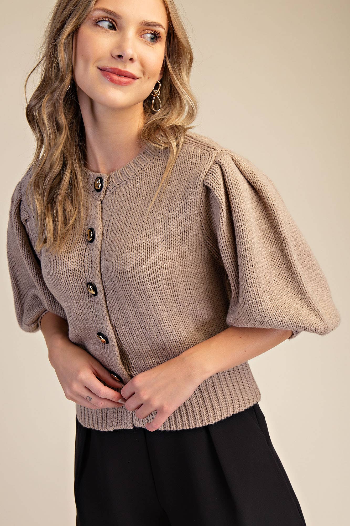 Glam - Wholesale Knit Sweater - Women's - Short Puff Sleeve Button Down Sweater2