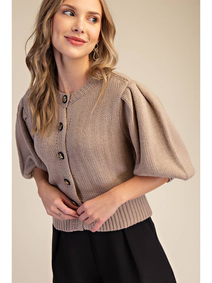 Glam - Wholesale Knit Sweater - Women's - Short Puff Sleeve Button Down Sweater2