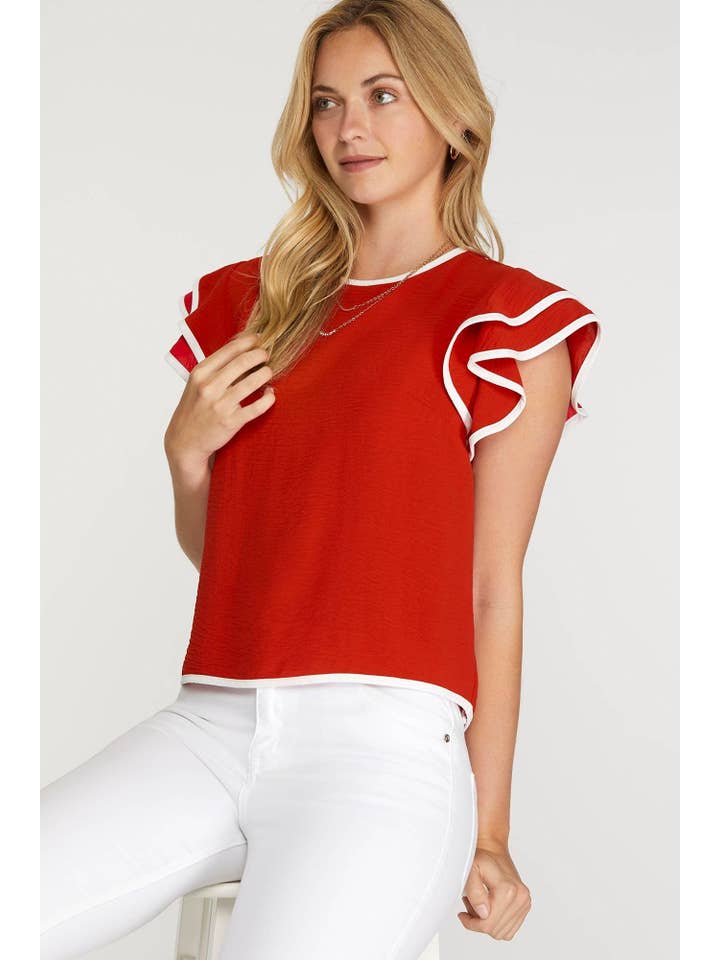 Vanilla Monkey - Wholesale Blouse - Women's - Game Day Ruffle Sleeve Contrast Piping Top4