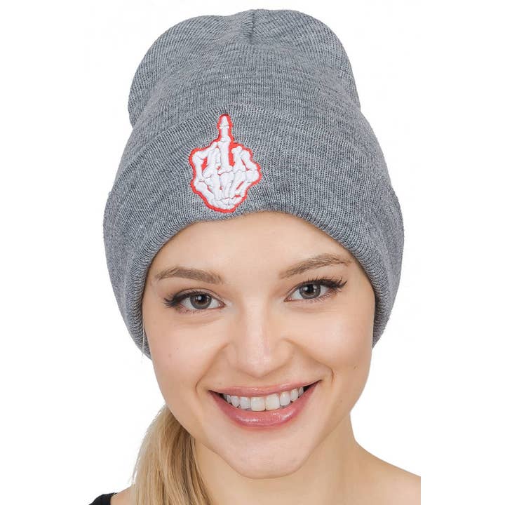 Cap Zone - Wholesale Beanie - Women's - Middle Finger Up Skeleton Cuffed Classic Beanie4