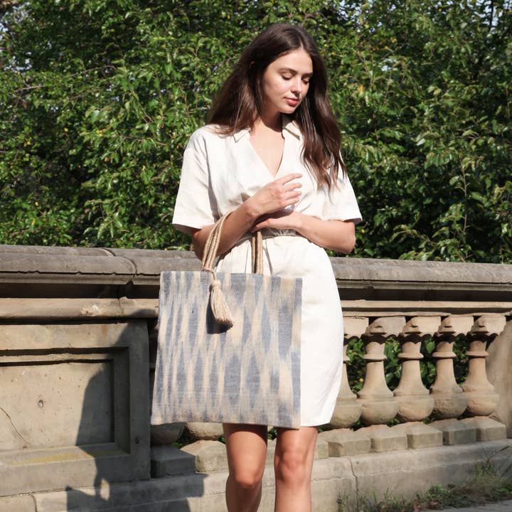 KORISSA - Wholesale Tote Bag - Women's - Handwoven Jute Bag • Nadi Jute Tote Bag - Blue