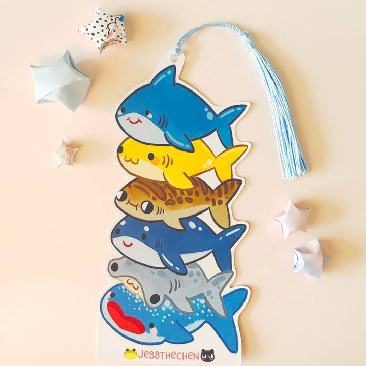Shark Stack Bookmark | Double-Sided with Tassel for wholesale by Jessthechen