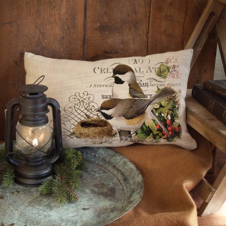 Winter Garden Chickadees 12x20 Natural Polyester Pillow for wholesale by Heritage Lace