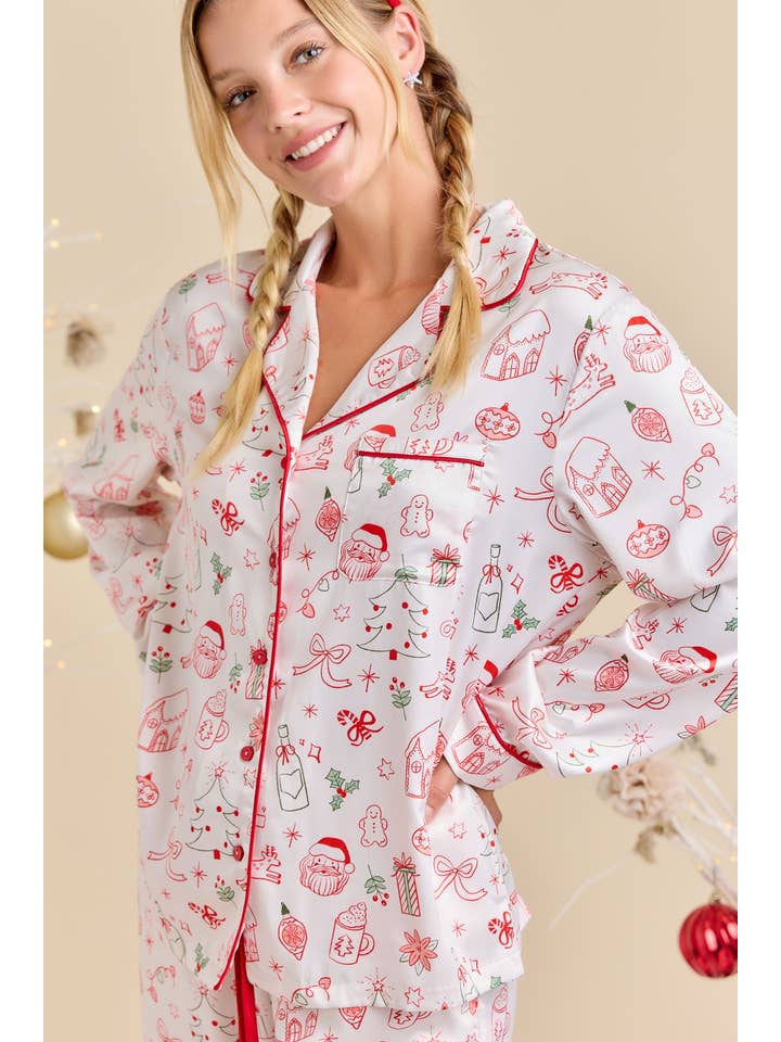 WHITE MULTI Holiday Satin Pajama Set – Ready to Ship Giftable Sleepwear for wholesale on Faire1