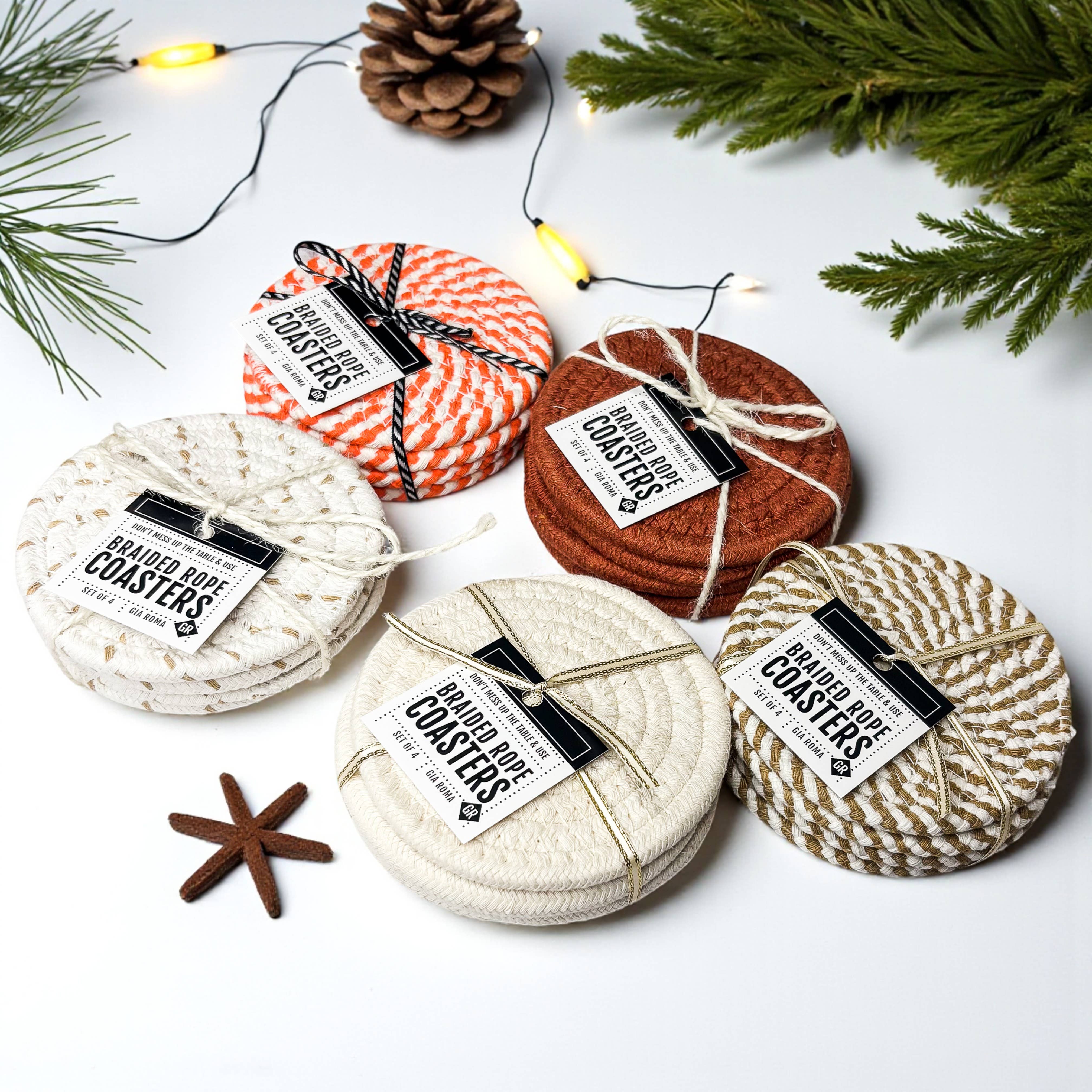 Gia Roma - Wholesale Coasters - Christmas Coasters, Red Candy Cane Braided Cotton Fabric Set53
