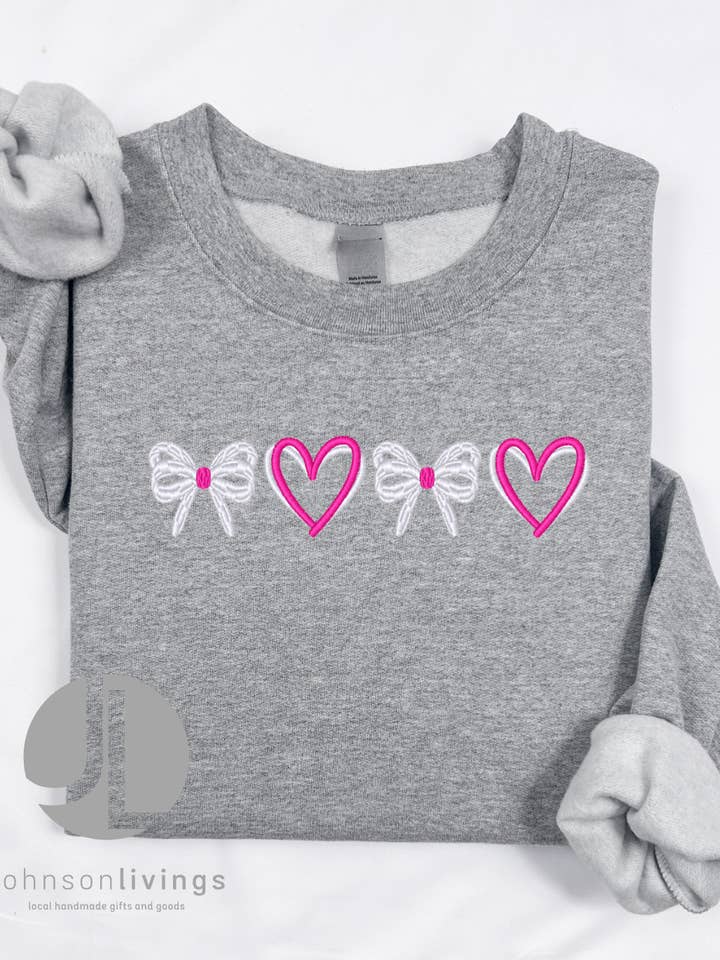 Embroidered Coquette Bow and Heart Valentine's Crewneck for wholesale by Johnson Livings LLC