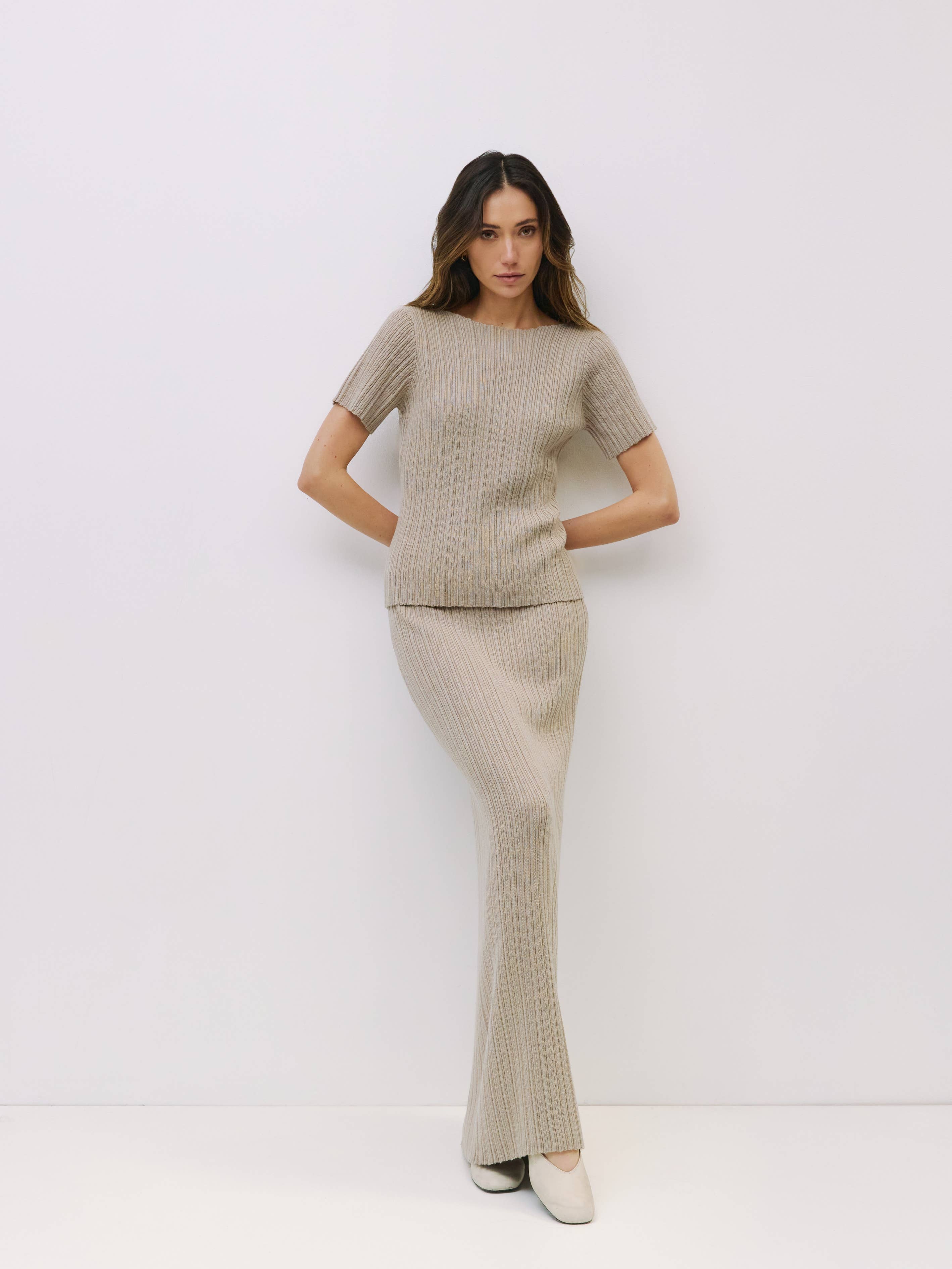 BEIGE The Joelle Skirt | Ribbed Knit Maxi Skirt for wholesale on Faire