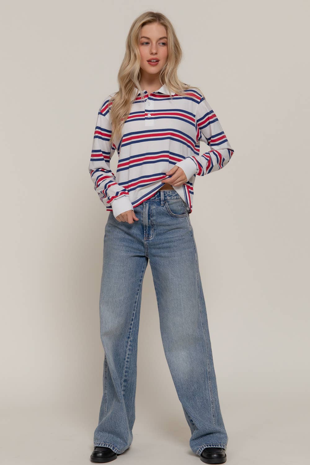 Active Basic | Active USA - Wholesale Polo - Women's - Long Sleeve Multi Stripe Polo Top11