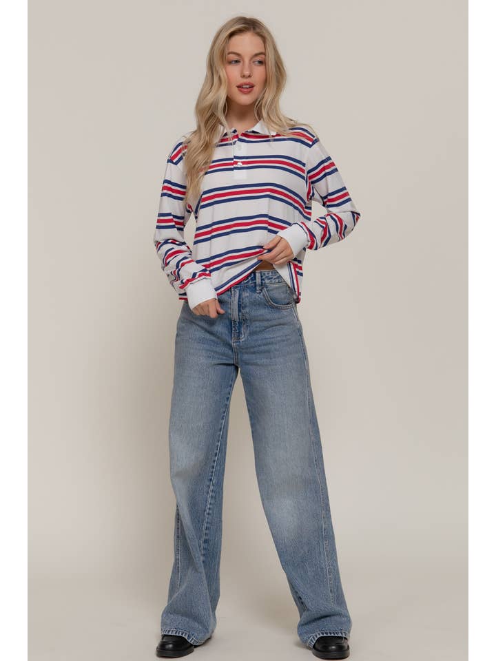 Active Basic | Active USA - Wholesale Polo - Women's - Long Sleeve Multi Stripe Polo Top11