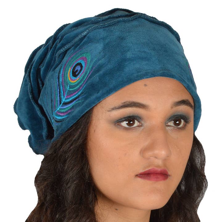 Dalfiya - Wholesale Fashion Headband - Women's - Peacock Feather Embroidered Cotton Velvet Slouch Hat
