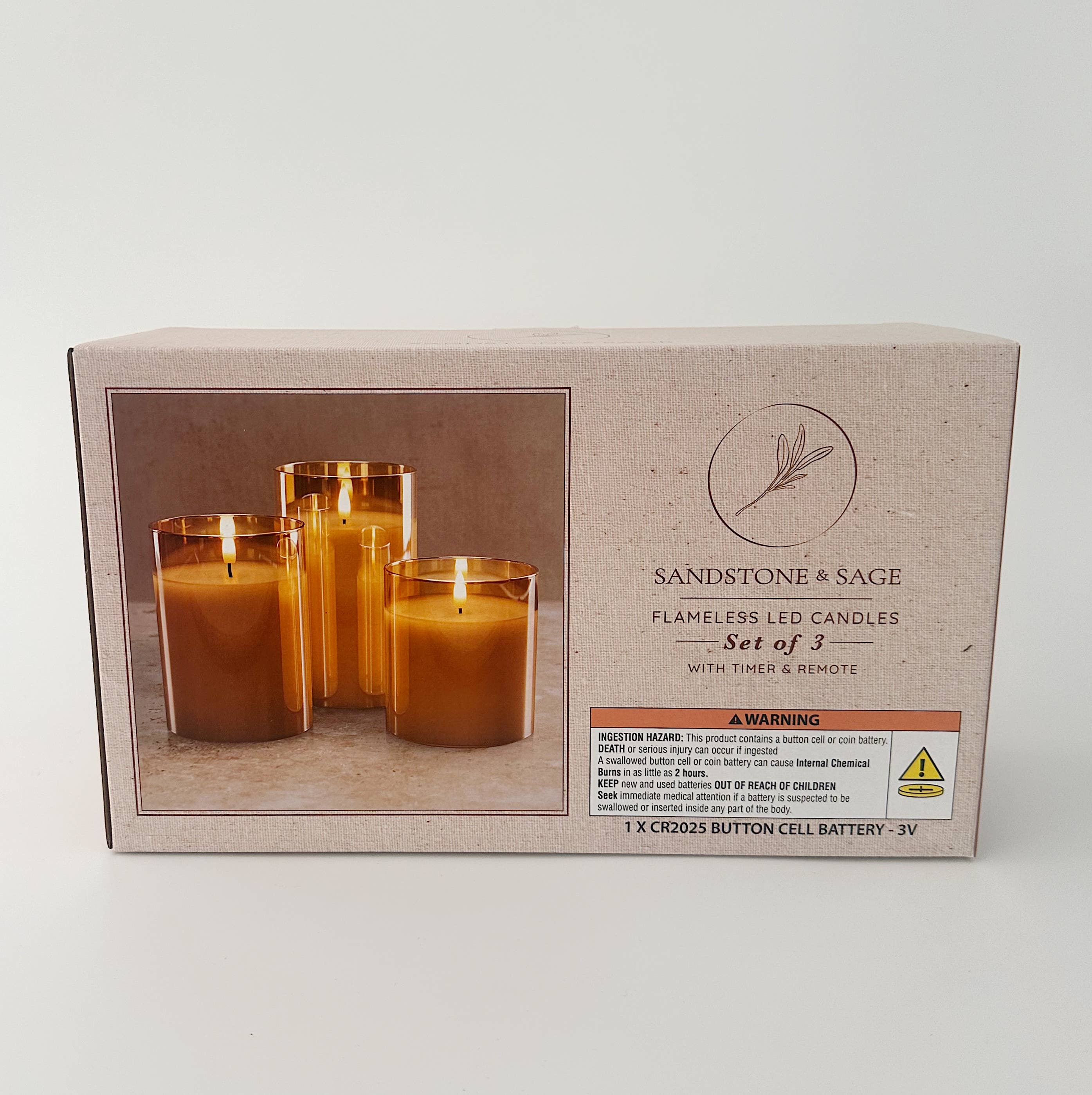 Sandstone & Sage - Wholesale Jar/filled candle - Flameless LED Hurricane Glass Candles - White and Amber12