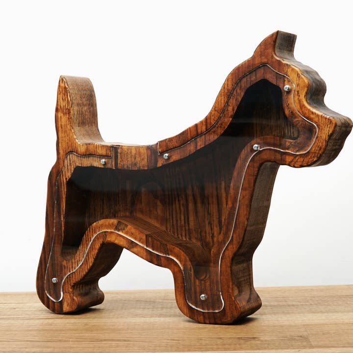 PromiDesign - Venta al por mayor Tarro de monedas/hucha de cerdito - Hucha de Madera con Forma de Perro (M, Marrón)1