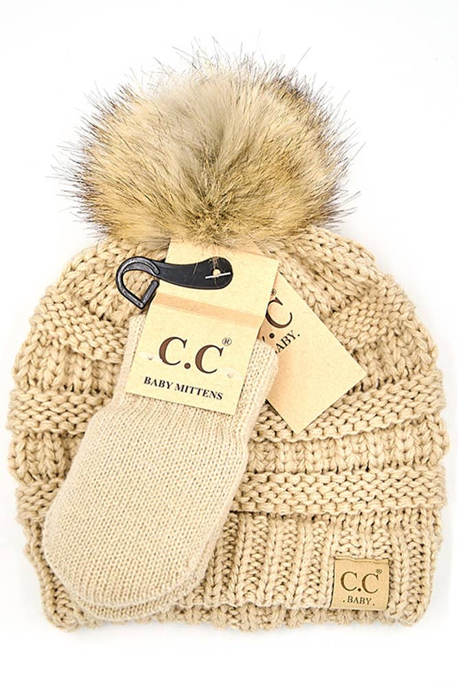 Hana - Wholesale Beanie - Kids - C.C Baby Solid Ribbed Pom Beanie and Mitten Glove0