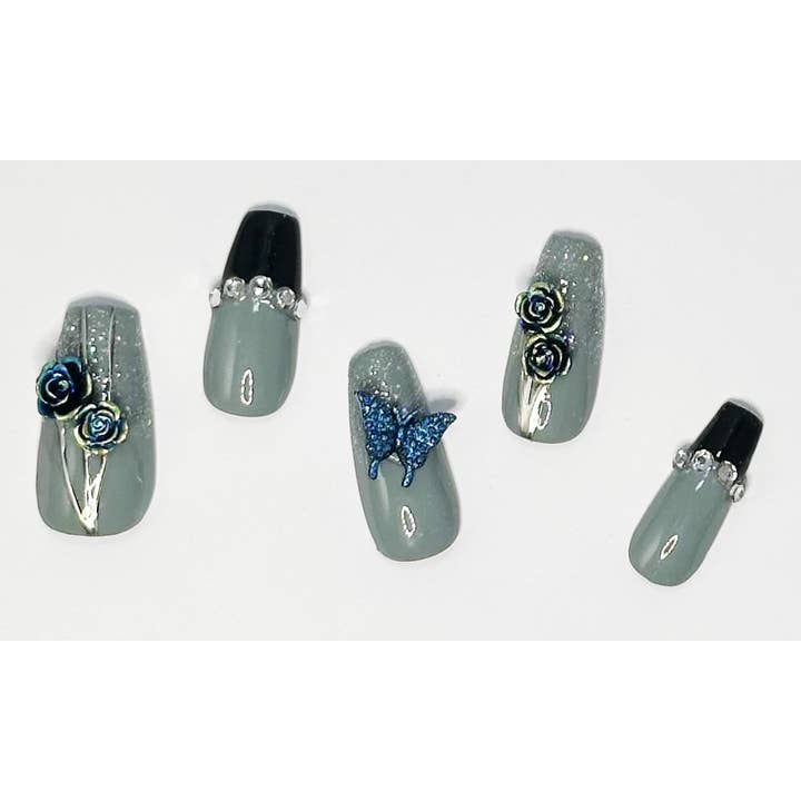 Handbemalte Press-on-Nägel Grau und Schwarz für den Großhandel von OVER THE TOP NAILS