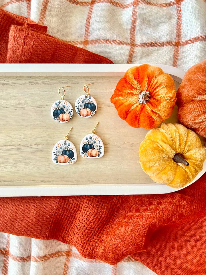 Pumpkin Clay Earrings, Navy Pumpkin Earrings, Fall Earrings for wholesale by SeizeTheClayJewelry