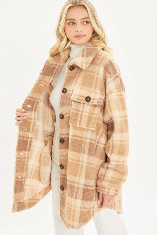 BNS - Wholesale Shirt Jacket/Shacket - Women's - Plaid Print Drop Shoulder Teddy Shacket w/Pockets16