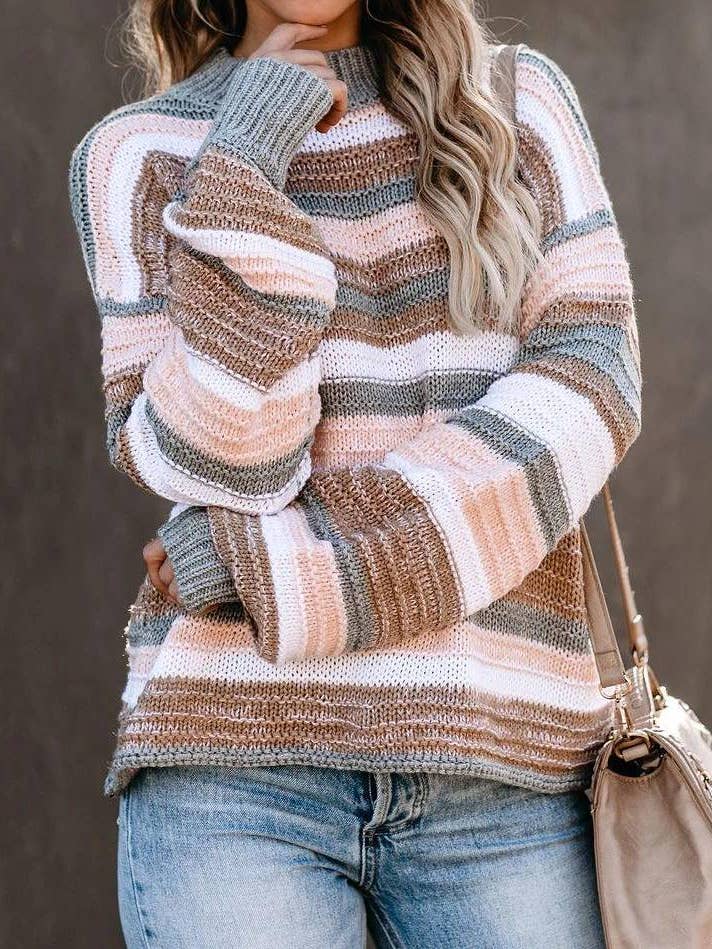 Pink Paneled Striped Crewneck Knit for wholesale on Faire1
