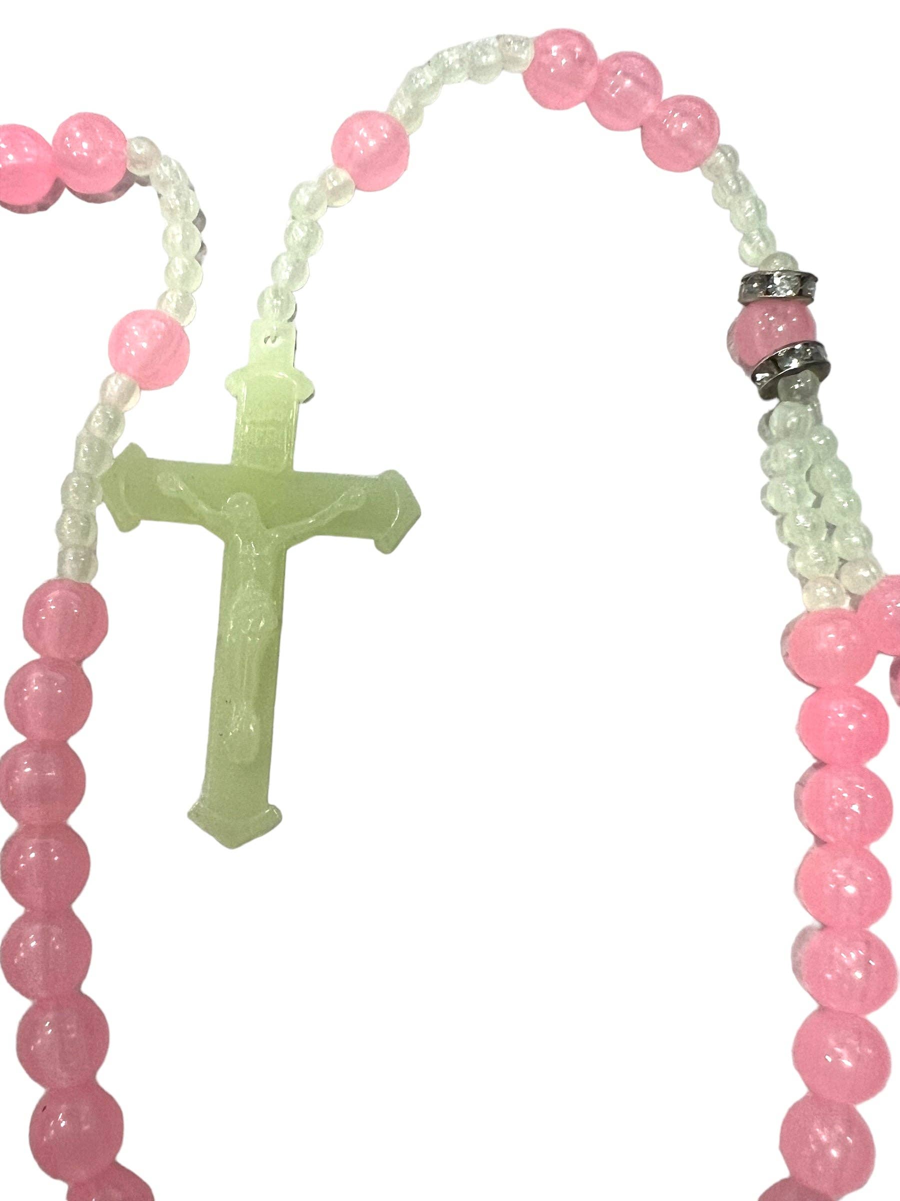 SAN JUDITAS RELIGIOUS ARTICLES - Wholesale Prayer Beads Necklace - PLASTIC ROSARY: GLOW IN THE DARK PINK1