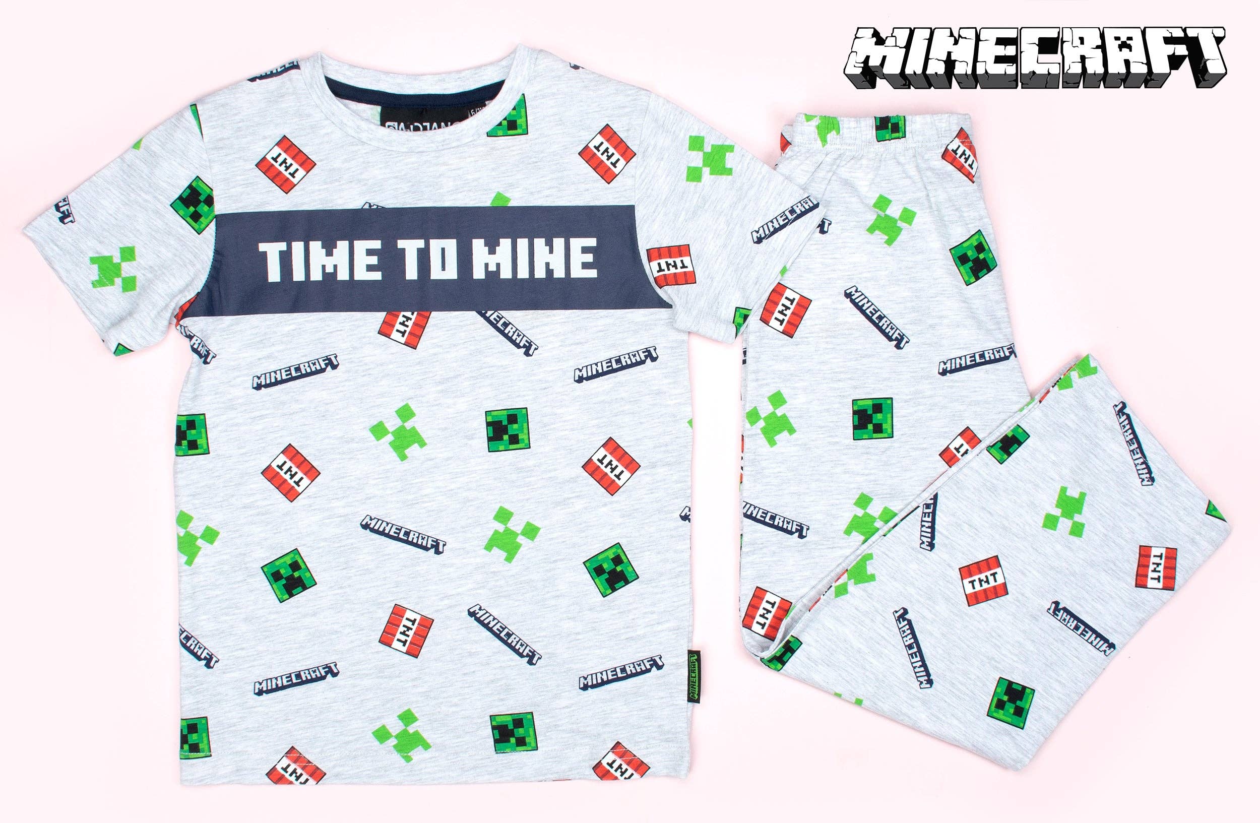 Fringoo Group Ltd – Engroshandel Pyjamasæt - Børn – Minecraft Pyjamas Kortærmet - 'Time to Mine' Grå2