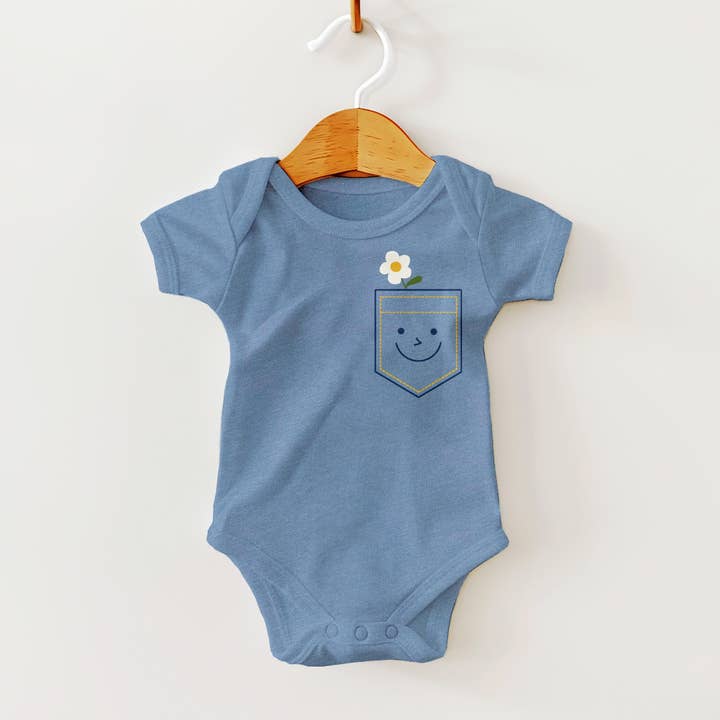 Denim Pocket with Flower Baby Bodysuit for wholesale by Rock Scissor Paper