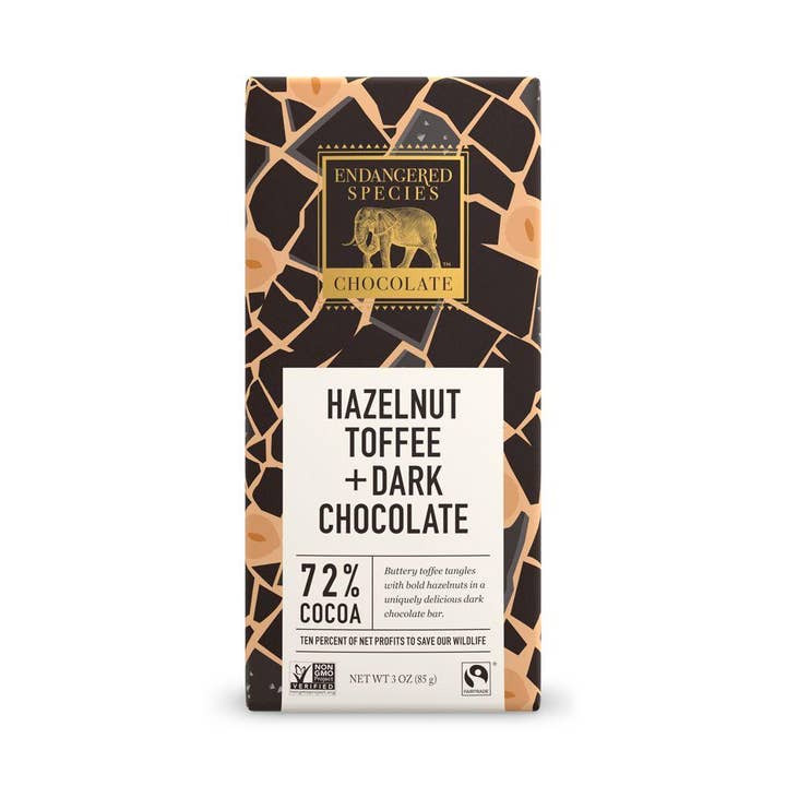 KeHE Distributors, LLC - Wholesale Chocolate Bar - Endangered Species Chocolate, Hazelnut Toffee + Dark Chocolate, 72% Cocoa, 3 oz (Pack of 12)