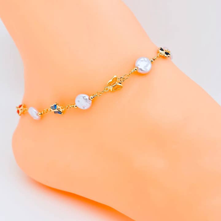 Pearl and Glass Butterfly Charm Chain Anklet for wholesale by Mio Queena