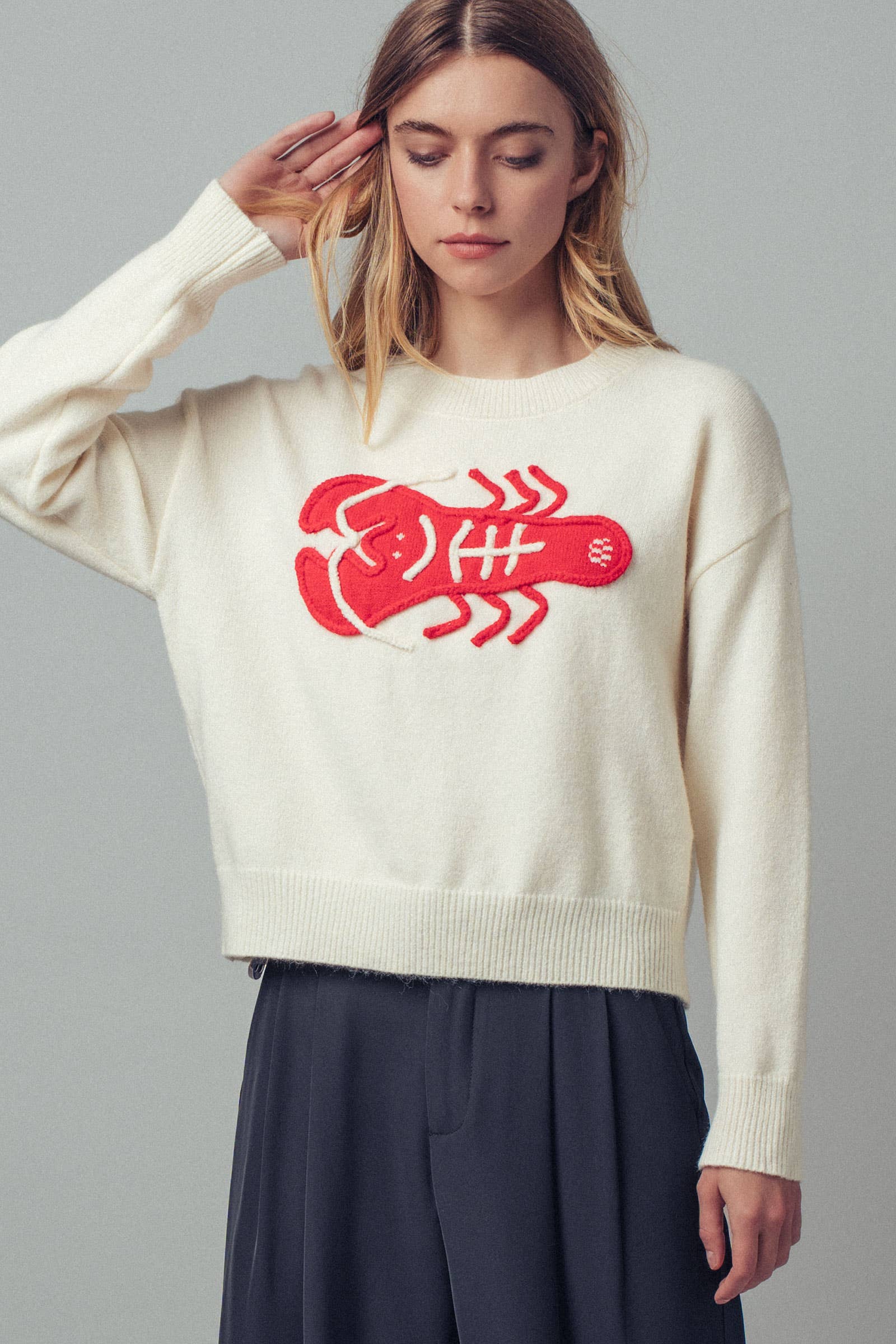 Urban Daizy - Vente Pull en maille – femme - Pull à déclaration nautique avec homard rouge brodé5