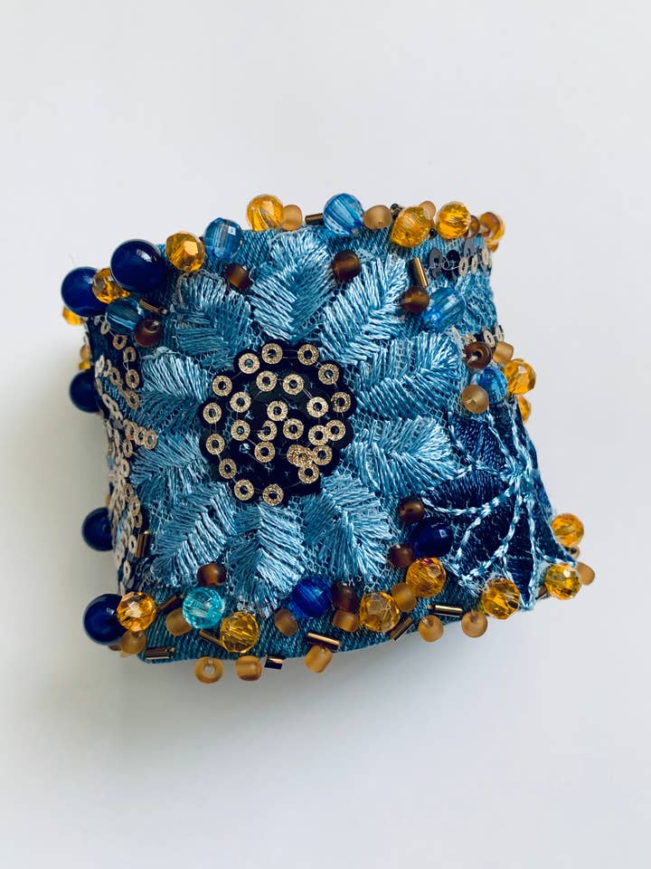 Blue Flower –Handmade Denim Bracelet with Embroidery & Beads for wholesale by GARELL