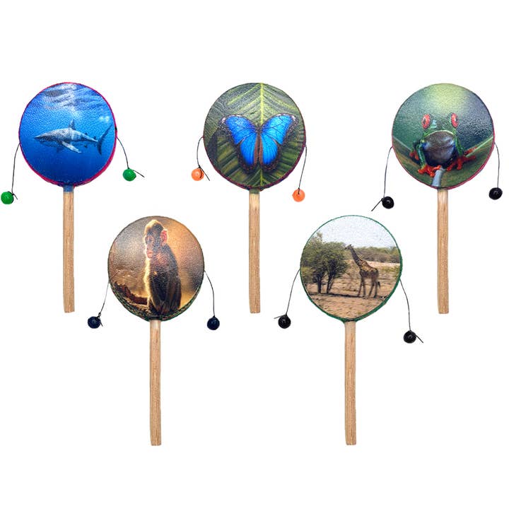 Petit jouet rond avec tambour à main Damaso Spin avec image d'animal pour la vente par Pichincha