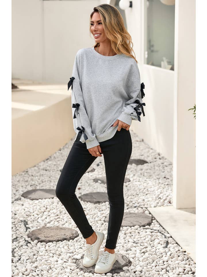 Light Grey LDC Solid Round Neck Bow Knot Pullover Sweatshirt for wholesale on Faire4