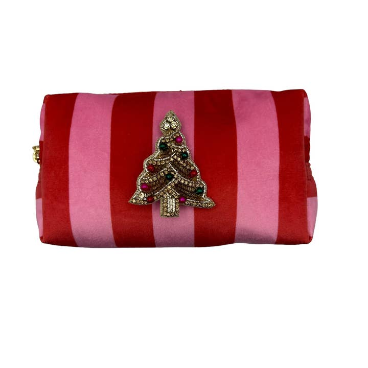 Pink stripe makeup bag & Christmas tree brooch for wholesale by Sixton London