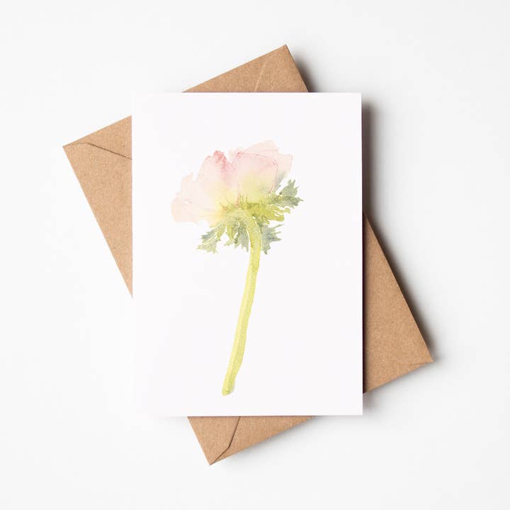 Pale Pink Single Anemone Card for wholesale by Louise Man Art