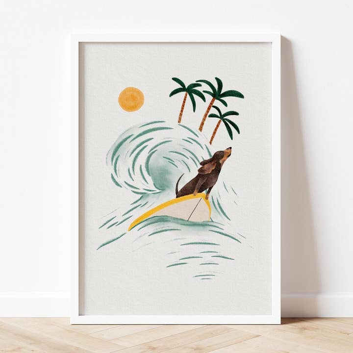 Dachshund Hund Surf Print – Tropisk Strand Vægkunst for engroshandel hos Urchin Bay