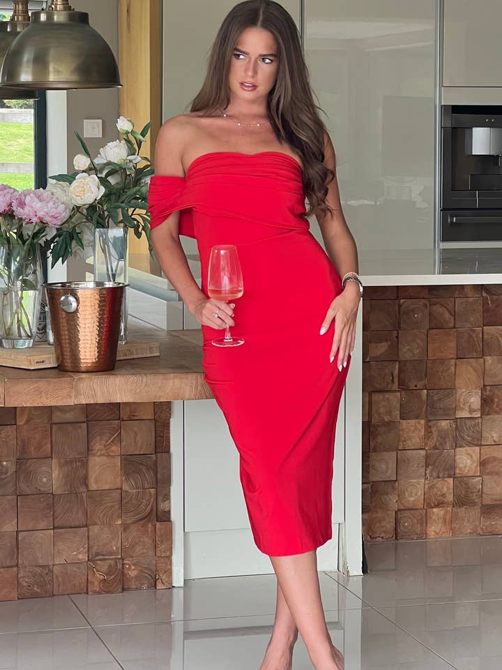 Sabrina Red One Shoulder Bodycon Midi Dress for wholesale by Girl in mind