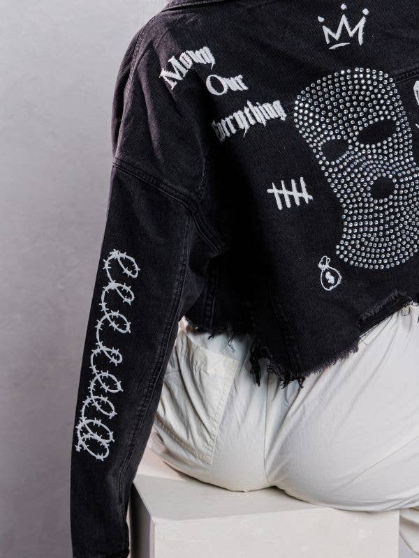 Trio Urban - Wholesale Denim Jacket - Women's - Ski Mask Rhinestones Crop Denim Jacket