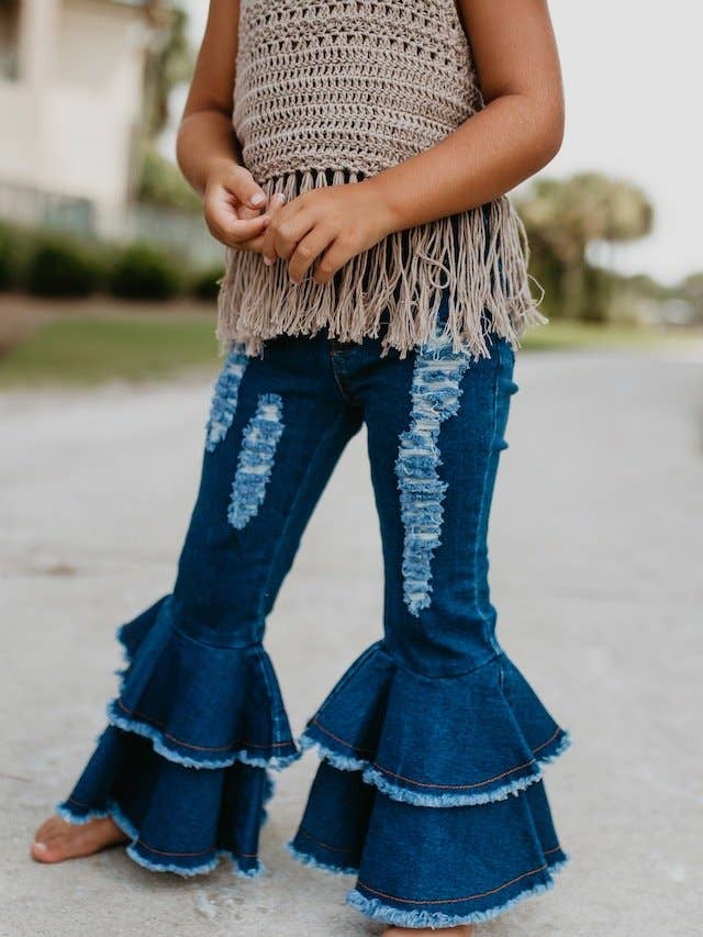 Kids Denim Double Ruffle Jeans for wholesale by Oopsie Daisy