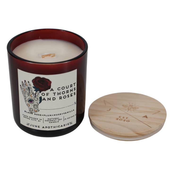 June Apothicarie - Wholesale Jar/Filled Candle - A Court of Thorns & Roses 12 oz Glass Wooden Wick Candle