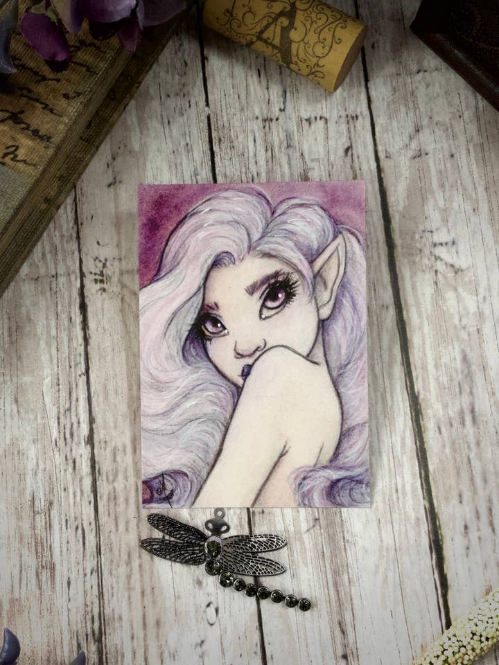 Pink Shy Faerie Fairy ACEO Fantasy Print pour la vente par Faeries of Glittering Glen