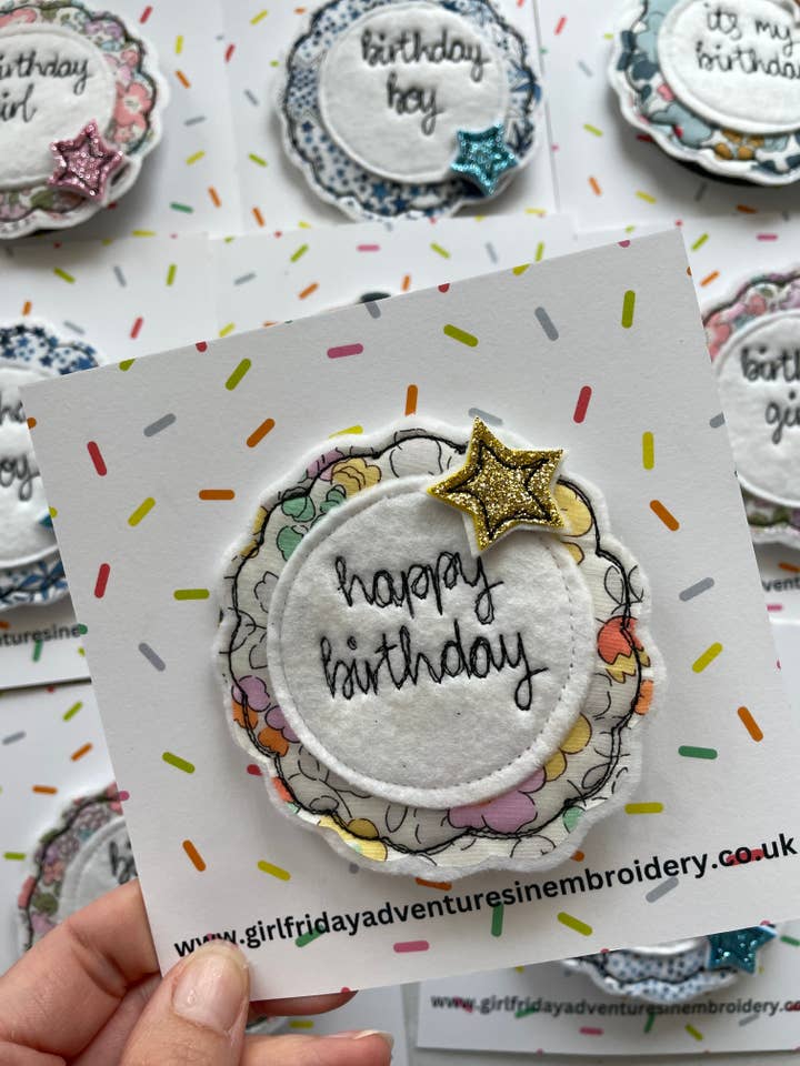 Birthday badge on display backing card pack of 10 for wholesale by Girl Friday Embroidery