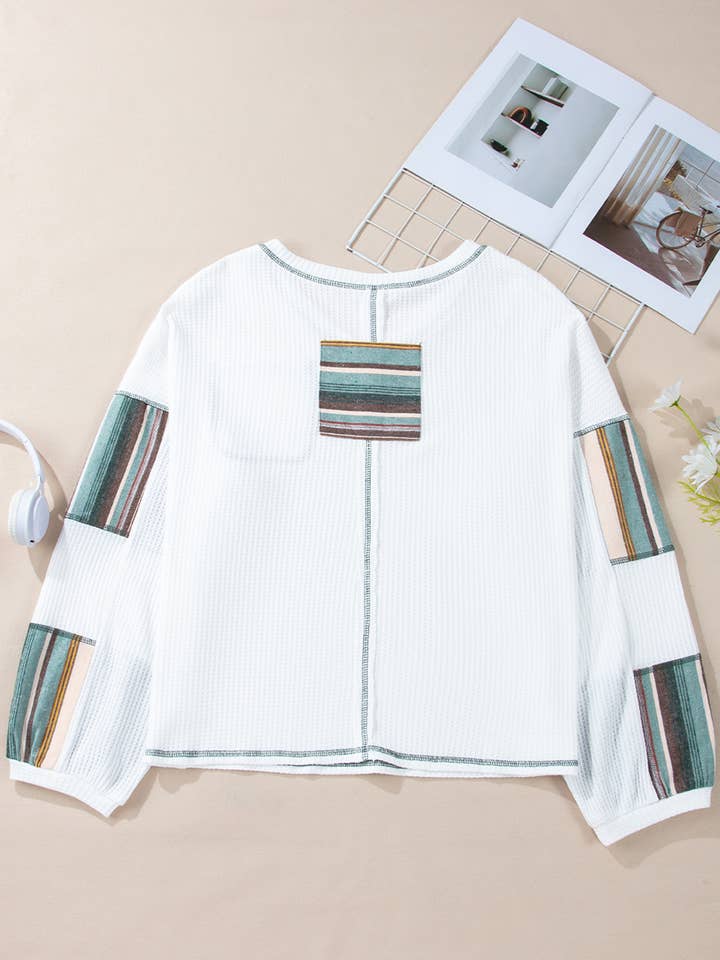As shown Striped Contrast Stitching Waffle Knit Top | S-XL for wholesale on Faire