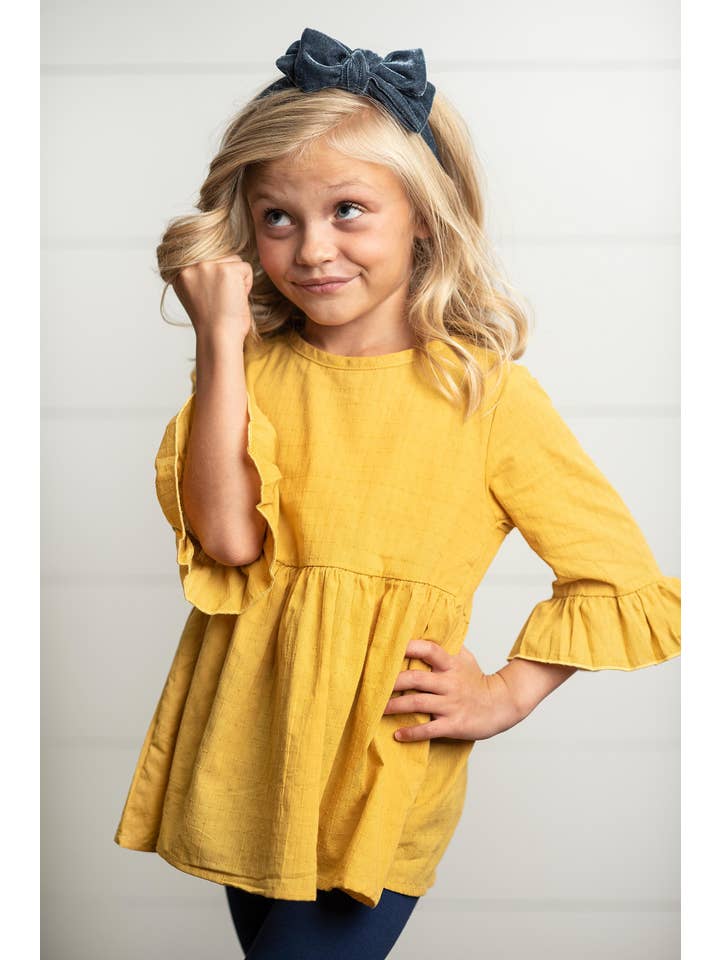 Adorable Sweetness - Wholesale T-Shirt - Kids - Kids Mustard Ruffle Long Sleeve Shirt With Buttons